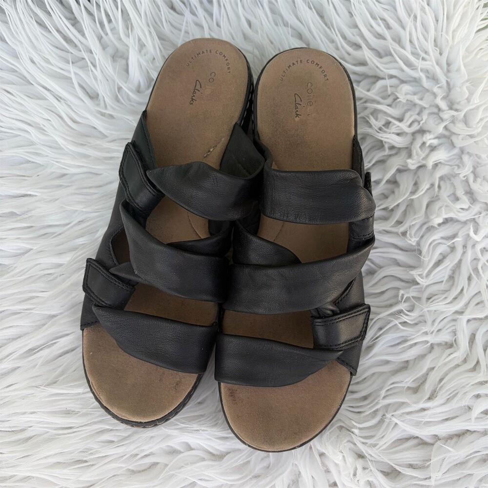 Clarks Slide Sandals Womens Size 9 Black Cushioned Comfort Slip-On Casual